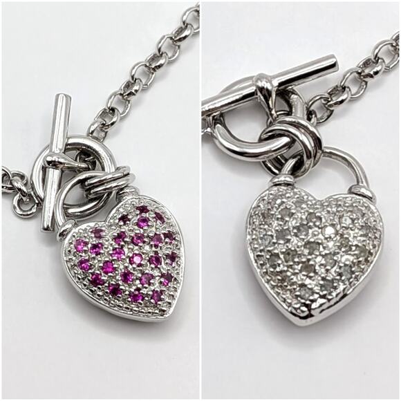Rhodium Plated Sterling Silver 925 Rolo Toggle Bracelet Diamond Ruby Heart Charm - Picture 1 of 6